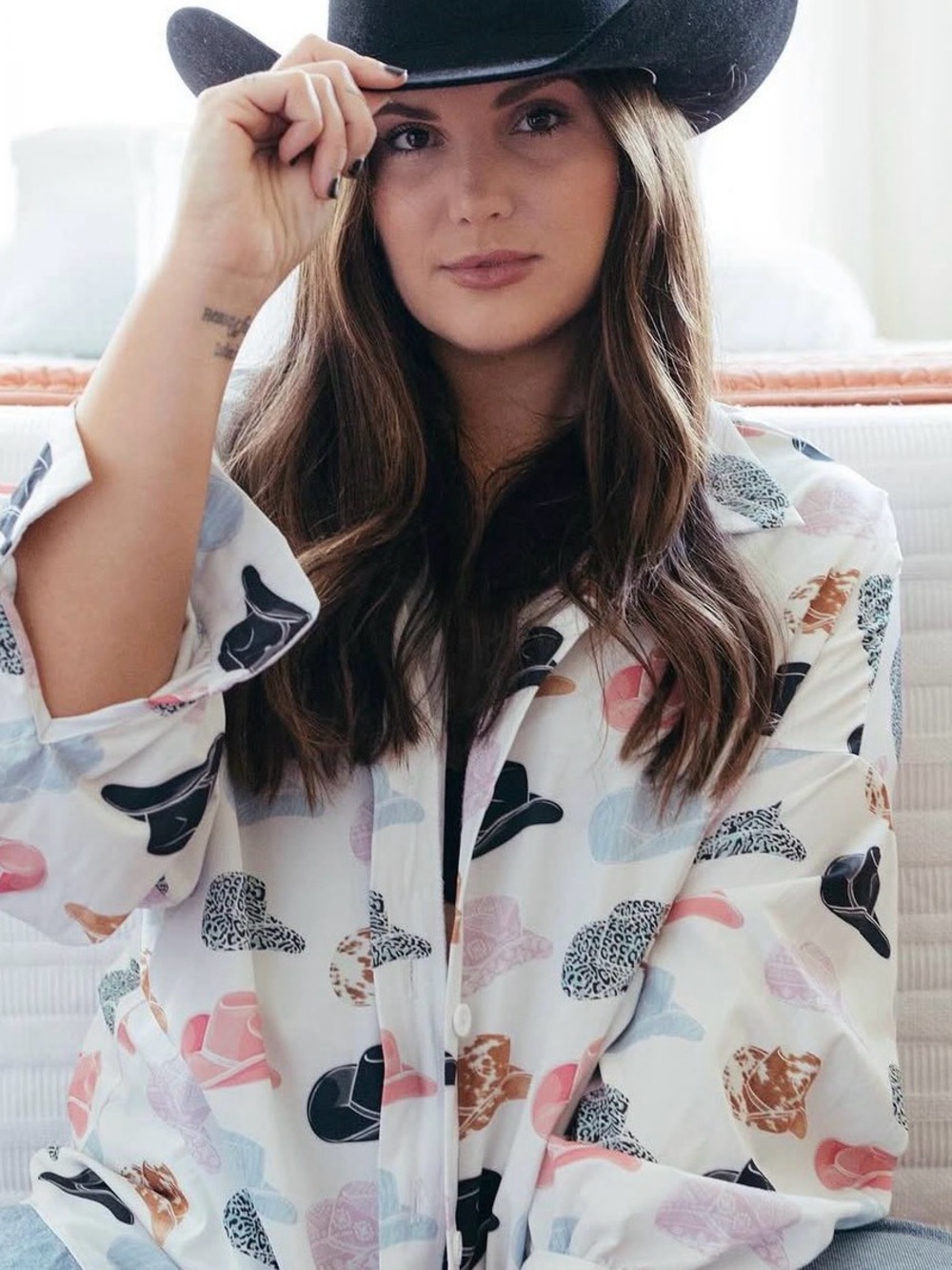 White Button-Up Shirt with Multicolor Cowboy Hat Print